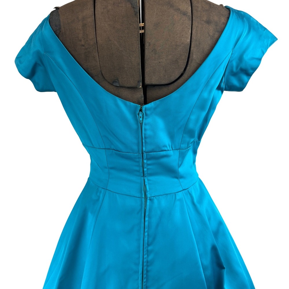 Vintage Teal Blue 50's Dress Womens (S) Satin Bows Midi Prom Rockabilly ILGWU - Picture 4 of 7